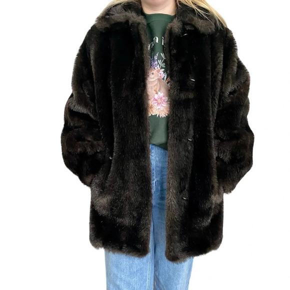 VINTAGE Dark Brown/Black Olympia Faux Fur  Jacket Size Large - Picture 1 of 16